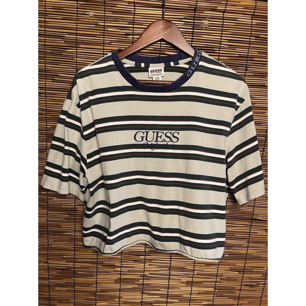 Vintage Guess Originals Striped Cropped Tee Green Navy Medium